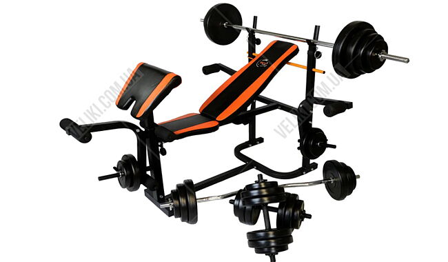 Лава для жиму WCG 0020 + Штанга та гантелі 148 кг - дополнительное фото 1