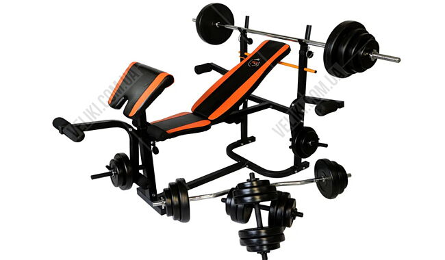 Лава для жиму WCG 0020 + Штанга та гантелі 98 кг - дополнительное фото 1