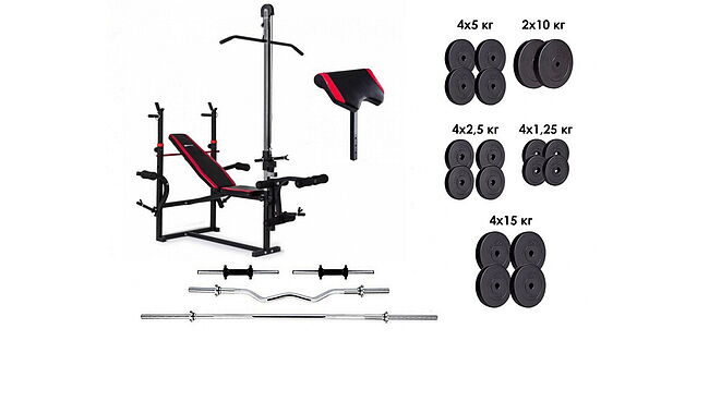 Скамья для жима RN-Sport с тягой + Штанга 4 грифа 115 кг - фото 1