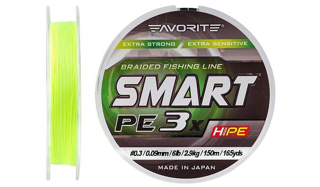 Шнур Favorite Smart PE 3x 150м (fl.yellow) #0.3/0.09mm 6lb/2.9kg - фото 1