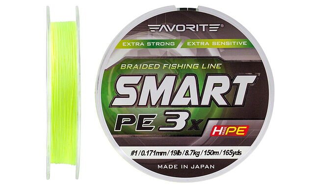 Шнур Favorite Smart PE 3x 150м (fl.yellow) #1/0.171mm 19lb/8.7kg - фото 1
