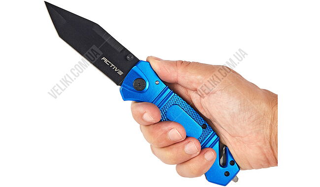 Ніж Active Lifesaver Blue, Марка сталі - 420, Матеріал руків’я - Алюміній, Довжина загальна - 207 мм, Довжина клинка - 85 мм. Вага - 124 г - дополнительное фото 4